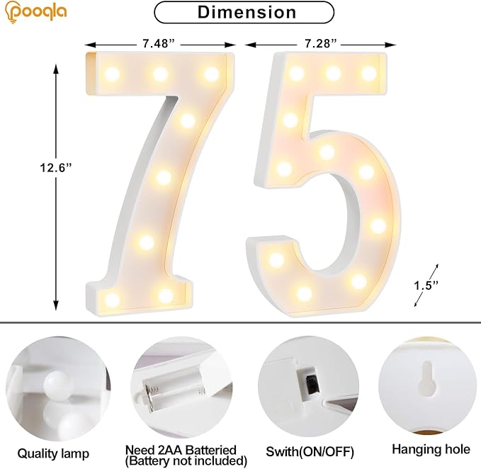 Pooqla 75th Birthday Decorations for Women Men, Large 12.6 in Tall Light Up Numbers for Party Decorations Table Decor, Big Marquee Numbers 75th Birthday Gift for Women Men Wedding Anniversary Decor