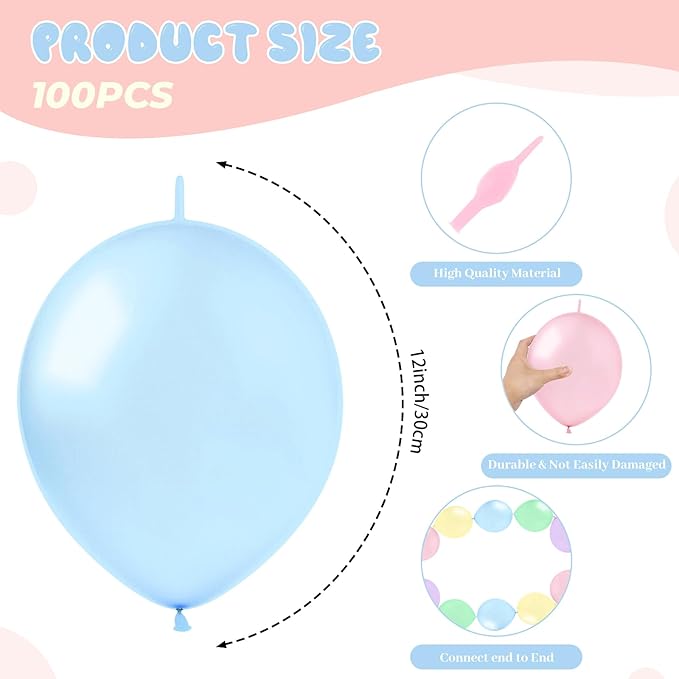 Link Balloons 12 Inch - 100 Pcs Quick Link Balloon Latex Linking Balloons Connected Linkable Balloon Birthday Wedding Party Decorations(Macaron Color)