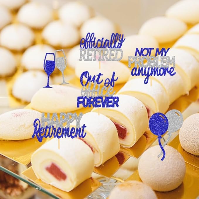 24 Pcs Happy Retirement Cupcake Toppers Officially Retired Cupcake Picks, Out Of Office Forever Retirement Theme Cake Toppers Decorations for Farewell Party Cakes (Blue&Silver)