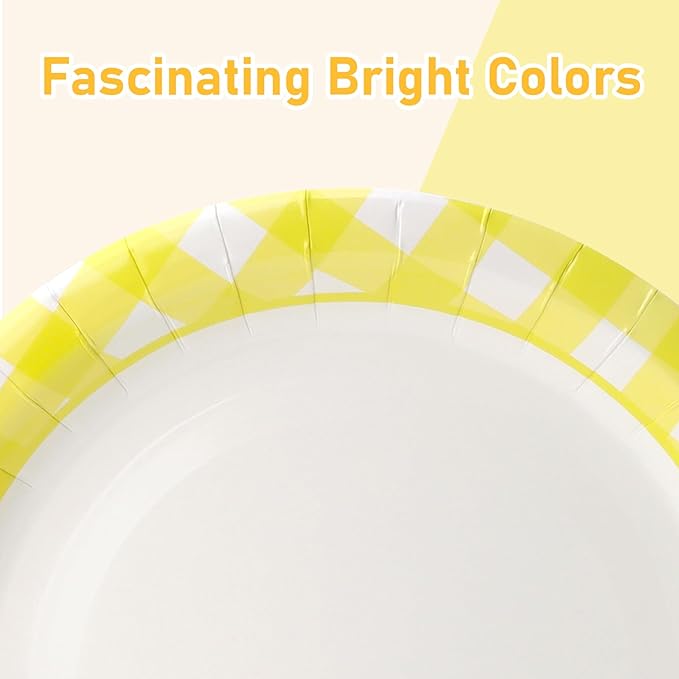 168PCS Party Plates, Scalloped Gingham Paper Plates and Cups and Napkins Sets Party Supplies for Birthday Wedding Bridal Shower Baby Shower Picnic, Serve for 24 Guests (Yellow Gingham)