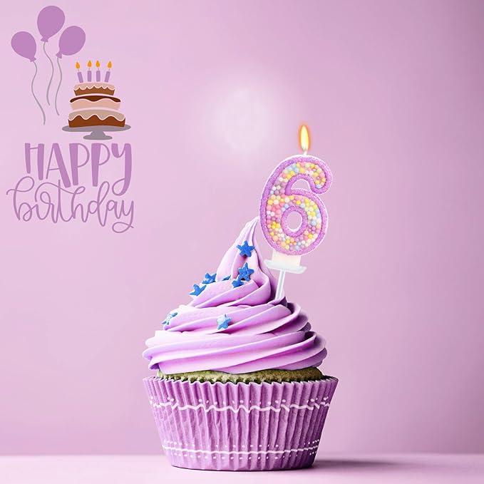 Birthday Candles - Number 6 Candle, Colorful Macaron Candles for Boys/Girls, Purple Party Decorations, Purple Cake Decorations