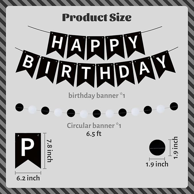 ZHENGYE Black Birthday Party Decorations Set: Happy Birthday Banner, Circle Dots, Stars Swirls Streamers, Black, White & Silvery Balloons, Confetti Balloons