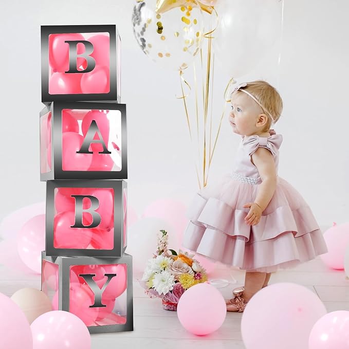 Baby Boxes with 4 PCS Letters for Baby Shower Black Clear Balloon Box Blocks Gender Reveal Decorations and Birthday Party (Black)