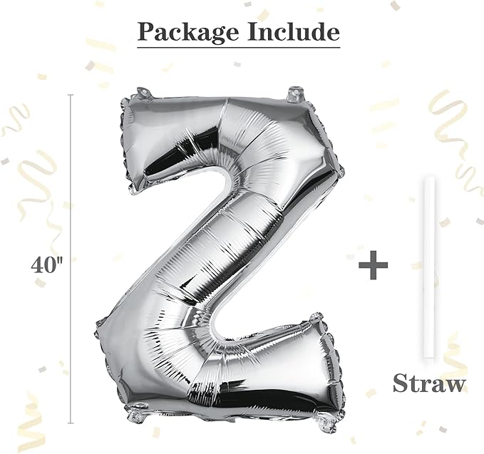 40 inch Silver Letter Z Balloon, Big Size Alphabet Foil Mylar Helium Balloons for Birthday Party Celebration Wedding Anniversary Baby Shower Decorations Supplies Alphabet Z