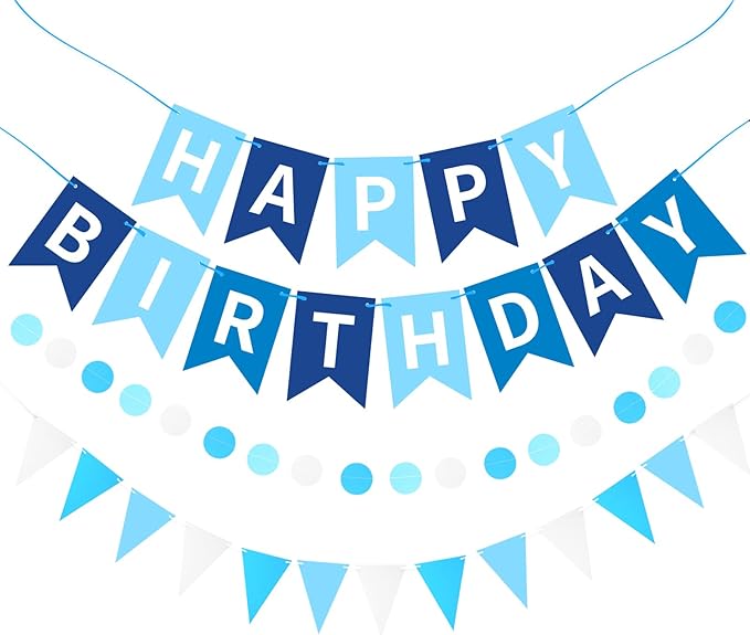 Sky Blue Happy Birthday Banner, Happy Birthday Decorations Hanging Birthday Sign Circle Dot Triangle Bunting for Women Men Girl Boy Party Supplies
