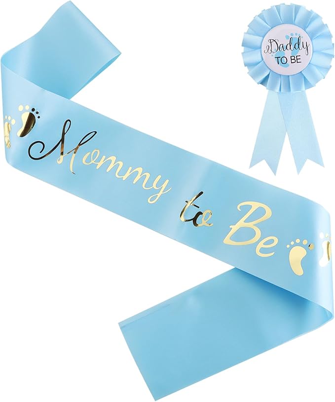 2 Pcs Baby Shower Decorations, Mommy to Be Sash and Daddy to Be Badge Set, It's a Themed Party Supplies for Baby Shower and Gender Reveal Decoracion (Blue 2 Pcs)