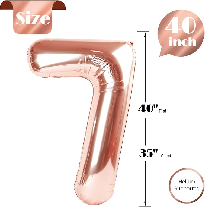 Rose Gold Number 7 Balloon 40 Inch, 7 Balloon Number, 7th Birthday Decorations, Rose Gold Party Supplies for Boys Girls