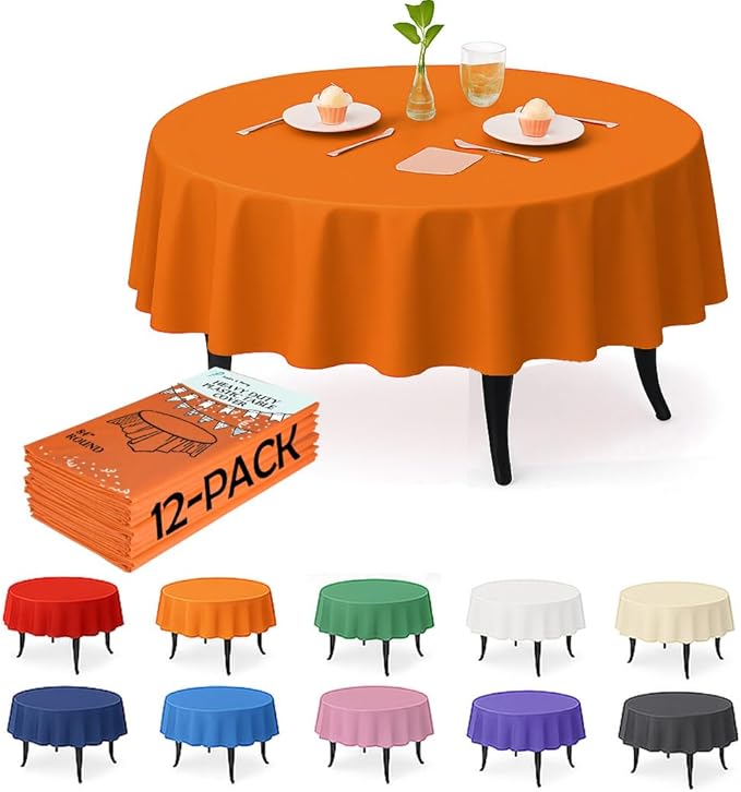 Craft And Party 12-Pack Orange Plastic Tablecloths – 84 Inch Round Disposable Table Covers, Heavy Duty & Waterproof for Parties, Events, Banquets, Orange