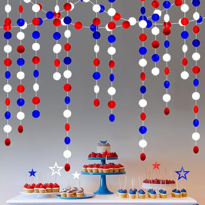 Patriotic Circle Dots Hanging Garland Red White and Blue Hanging Circle Dots Streamer Glitter Circle Backdrop for 4th of July, Independence Day, Memorial Day, Veterans Day, Labor Day Decor 40 Feet