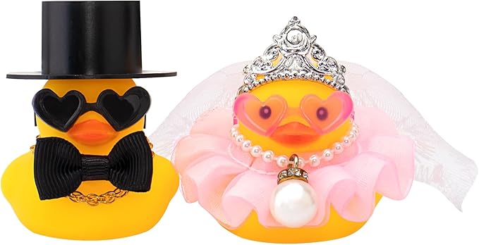 wonuu Pair Set of 2 Wedding Rubber Ducks, Bride Groom Duckies Marriage Rubber Duck Mini Couple Ducky for Ceremony Gift Souvenir Marry Blessings Elegant Heartwarming Present, Pink with Hard Top Hat