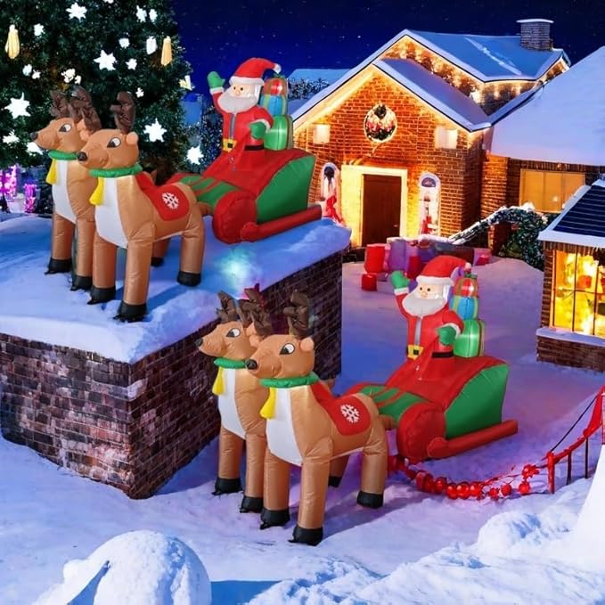 Christmas Inflatable Clearance, 8 FT Christmas Inflatable Outdoor Decoration Deer Pull car, Giant Santa Claus Driving Racing car in the Snow, for Garden Lawn Christmas Decoration