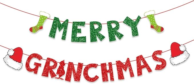 Christmas Decorations Party Banners Indoor, Glittery Christmas Decor Banner, Red Green Banner for Home Fireplace Decor