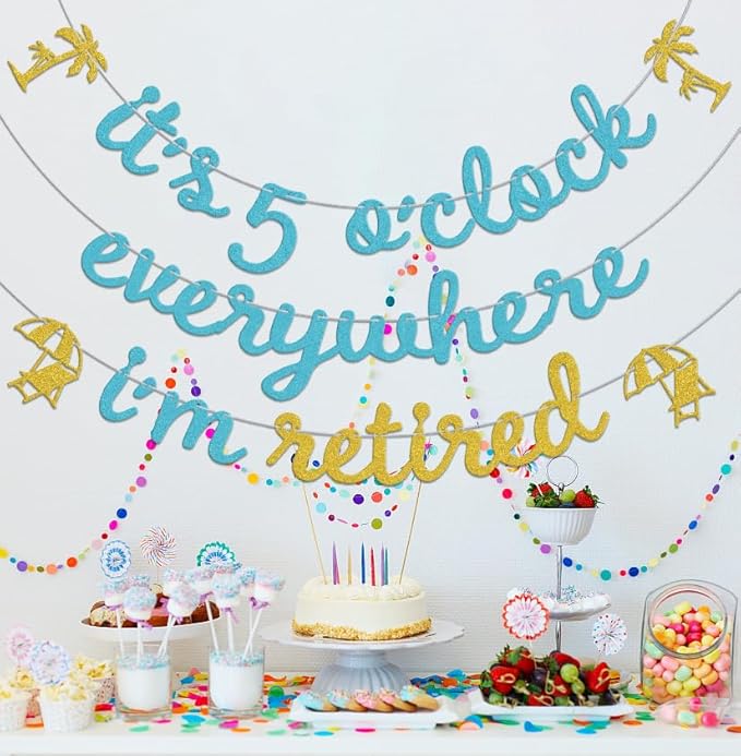 It'S 5 O'Clock Everywhere I'M Retired Banner,Beach Theme Retirement Party Decorations,Luau Summer Going Away Farewell Party Decorations Supplies Gold & Blue