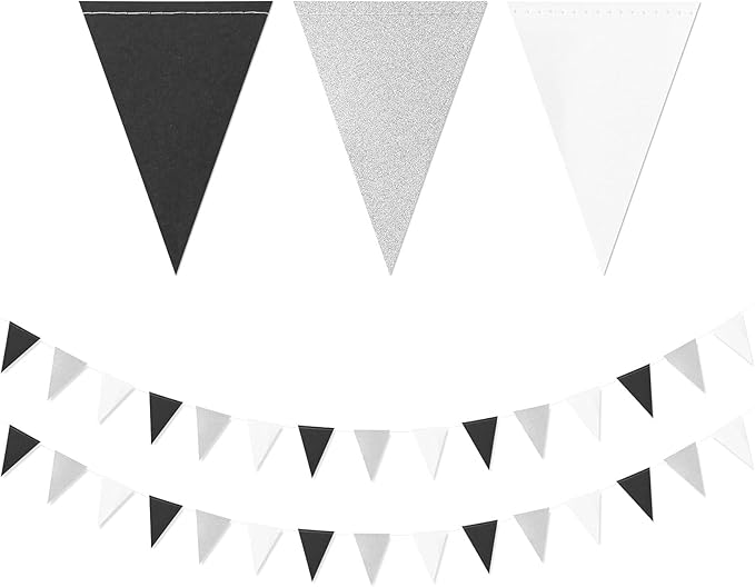 Black White Silver Pennant Banner,2 Pack Glitter Sprinkles Paper Triangle Flags, Birthday Graduation 2025 Fathers Day Wedding Baby Shower Party Decorations Bunting Lasting Surprise