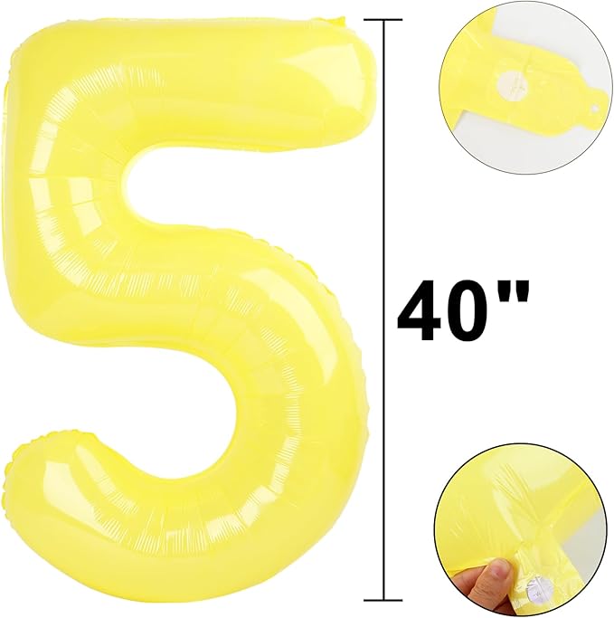 40 Inch Macaron Yellow Balloon Number 5 Balloon Jumbo Mylar Foil Helium Balloon for 15 25 35 50 Big Giant Jumbo Huge Foil Mylar Balloons 55th 65th Birthday Balloons Men Women Party Decorations