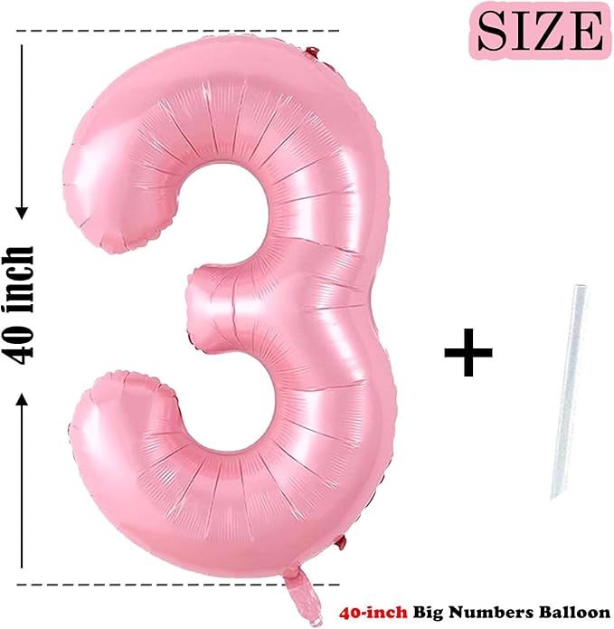 Number 3 Balloon 40 Inch Pink Number Balloon Foil Mylar Alphabet Balloon for Birthday Wedding Baby Shower Party Large Number Balloon