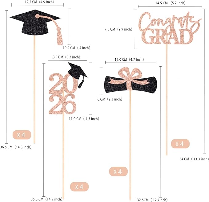 Gexolenu 16 PCS Rose Gold Black Double-Sided 2026 Graduation Centerpieces for Tables, 2026 Table Toppers Party Centerpiece Sticks Party Supplies, Graduation Party Decorations Class of 2026, Set of 4