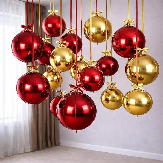 Togvu Red Gold Round Foil Balloons, 16PCS Different Sizes 4D Metallic Balloon Large Sphere Mirror Ball Balloons for Prom Graduation Christmas New Year Birthday Party Ceiling Decorations Supplies