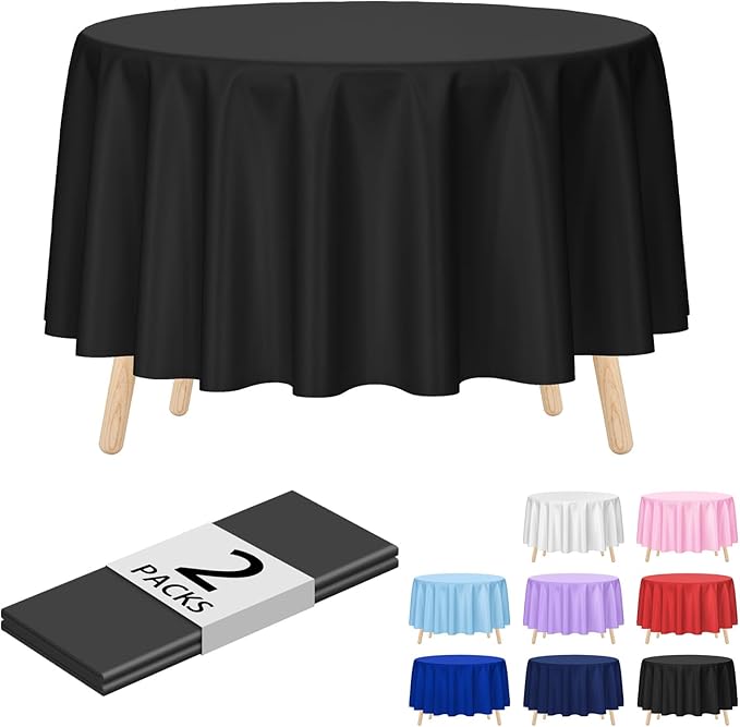 Kopokita 2 Pack Black Round Disposable Plastic Tablecloths 84 inch Party Table Covers