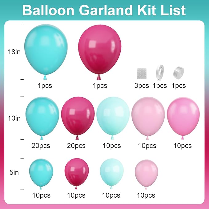 Hot Pink and Teal Blue Balloon Arch Garland Kit, Rose Red Teal Blue Pastel Pink Turquoise Latex Balloon for Birthday Baby Shower Wedding Anniversary Party Decorations Supplies