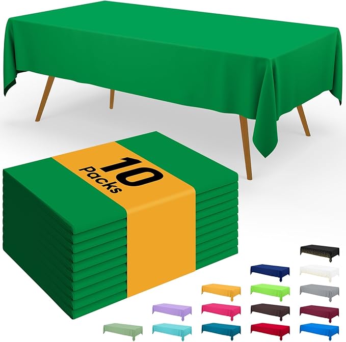 Smiry Disposable Table Cloth - 10 Pack, 54 x 108 Inch Waterproof Rectangle Tablecloths for Parties, Decorative Plastic Table Cover, Leakproof & Sturdy, Green