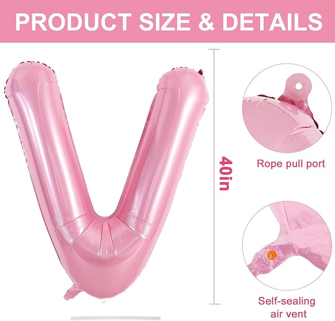 TONIFUL 40 Inch Large Pink Letter V Balloons Giant Foil Mylar Alphabet Balloon for Birthday Party Anniversary Baby Shower Wedding Supplies Decorations