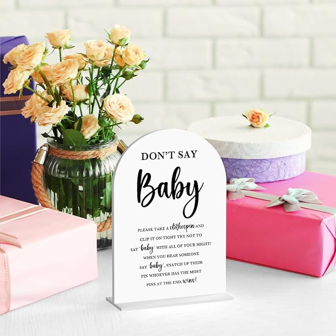 Baby in Bloom Shower Decorations, Baby Shower Sign, Newborn Gifts, Don't Say Game Signs, Modern Calligraphy Arched Acrylic Table Top Signs With Stand for Birthday Party Decorations (White)