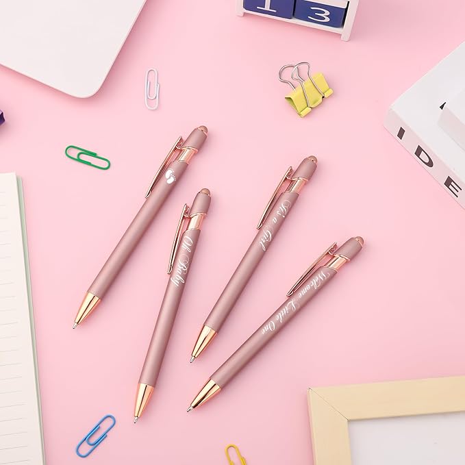 Jspupifip 50 Pcs Baby Shower Pens with Stylus Tip Metal Retractable Baby Shower Pens Girls Black Ink Baby Pens Bulk It's a Girl Pens for Baby Shower Favors Guests School Supply (Rose Gold)