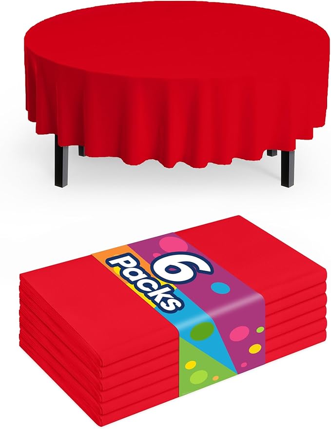 Pureegg Plastic Table Cloth Disposable 6 Pack, 84'' Round Table Cloths, Valentines Day, Thanksgiving, Christmas Decorations, Fall Tablecloths, Round, Plastic Cover, Waterproof, Red