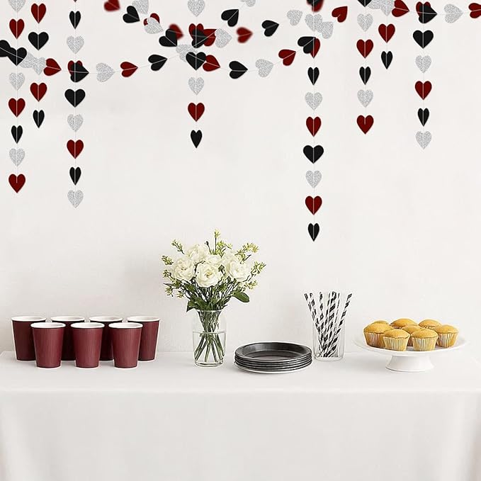 Silver Black and Burgundy Birthday-Decorations-Party - 52Ft Heart Paper Garland Decoration Streamers Banner Bridal Baby Shower Wedding Bachelorette Engagement Graduation Hanging Decor Hongtongtong