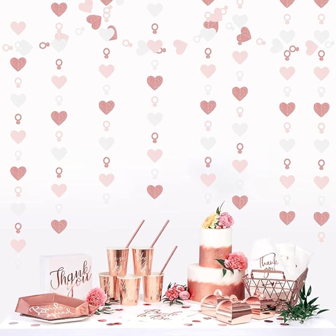 Rose-Gold Pink White Heart-Ring Garland - 52Ft Engagement Bachelorette Party Decorations Wedding Paper Streamers Banner,Valentines Day Galentines Proposal Decor Lasting Surprise