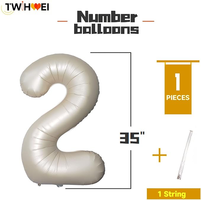 Number 2 Balloons White Sand Two Balloon for 2 Year Old Birthday Decorations 40 Inches Cream White Large Numbers 2nd Birthday Party Nude Ballons Beige 1 Digital Neutral Balloon Pearl White 2