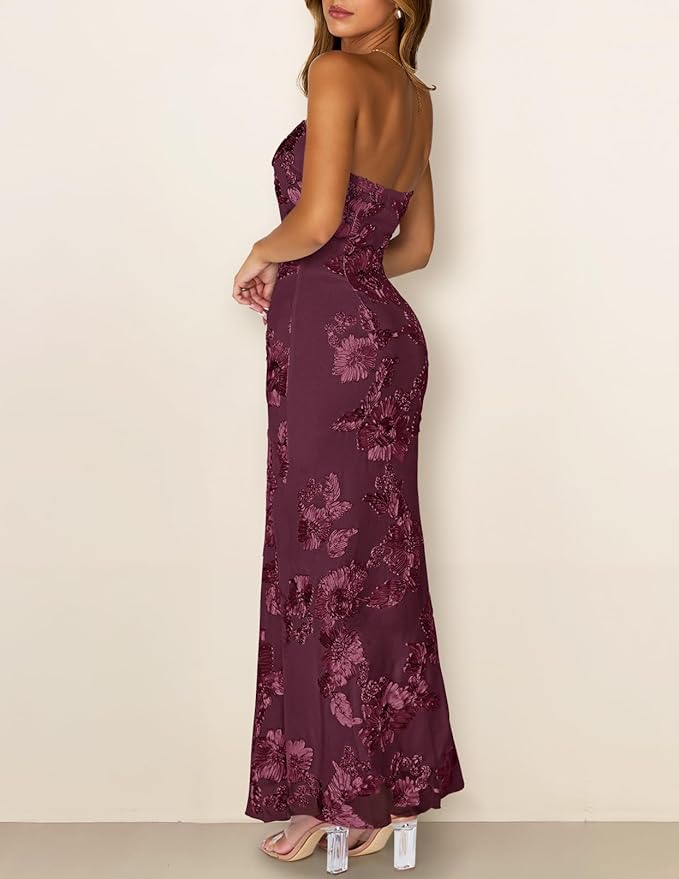 MEROKEETY Women's Floral Strapless Maxi Dress 2026 Summer Mesh Tube Bodycon Formal Wedding Guest Cocktail Party Long Dresses