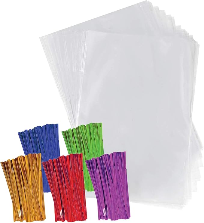 Purple Q Crafts Clear Plastic Cellophane Bags with 4" Colored Twist Ties for Gifts Party Favors (4"x6" 100 Pack)