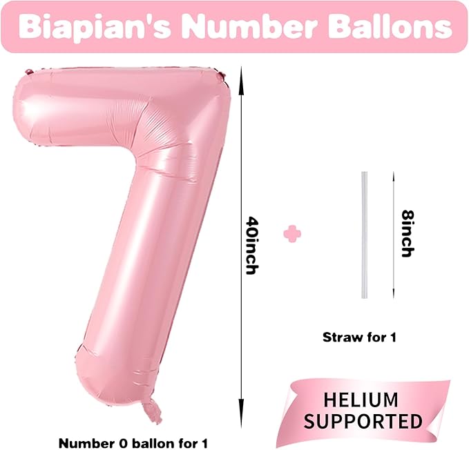 40 Inch Pink 7 Balloon Number, Giant Light Pink 7 Foil Balloons Set, Pastel Pink Macaron Digital 7 Balloons Helium 7th Birthday Balloons for Girls Women Princess 7 Year Old Birthday Party Decorations