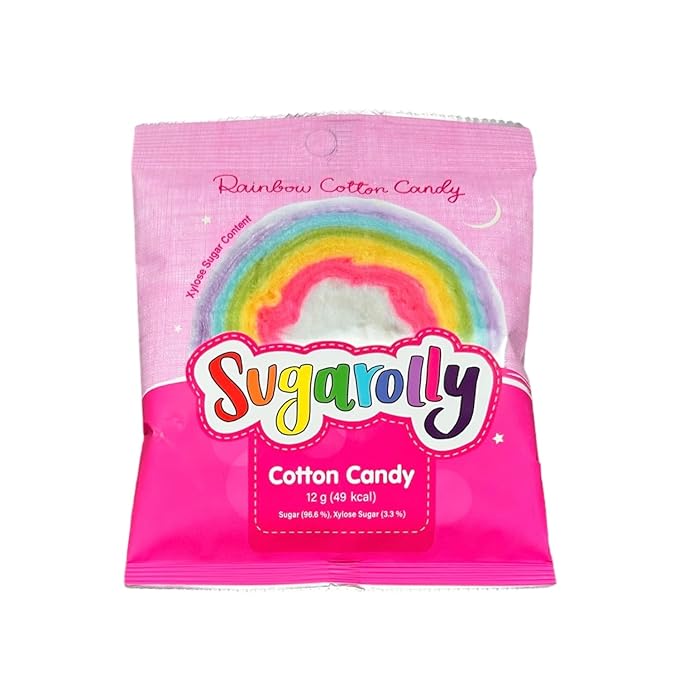 Sugarolly Rainbow Cotton Candy, Individually Wrapped 5 flavors in one pack, Korean Cotton Candy, Party Flavors Supplies Birthdays, goodie bags for Kids, Sweet treat for all ages, 12g bag (5-pack)