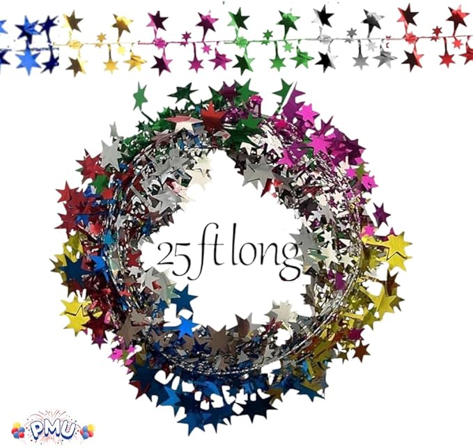 PMU 150 Ft Star Wire Shiny Garland Multi Color - Halloween, Christmas Party, Wedding, Birthday, Festive Home Decoration Ornament Multi Color (6pc-25Ft Each)