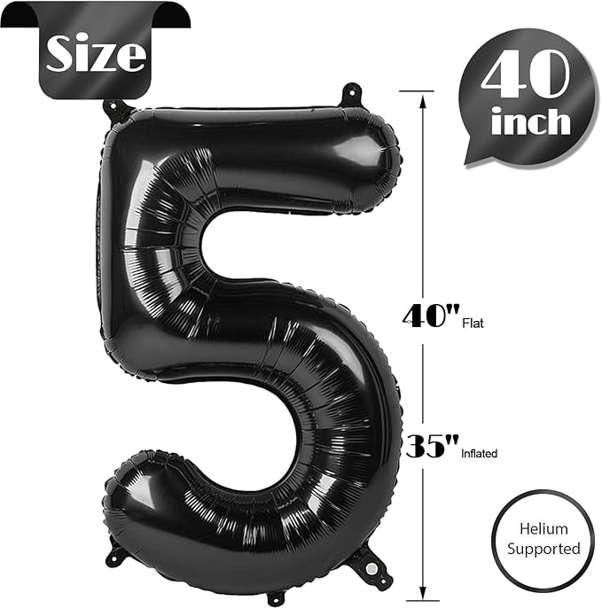 5 Number Balloon 40 Inch, Black Party Supplies, 5th Birthday Balloons Decorations