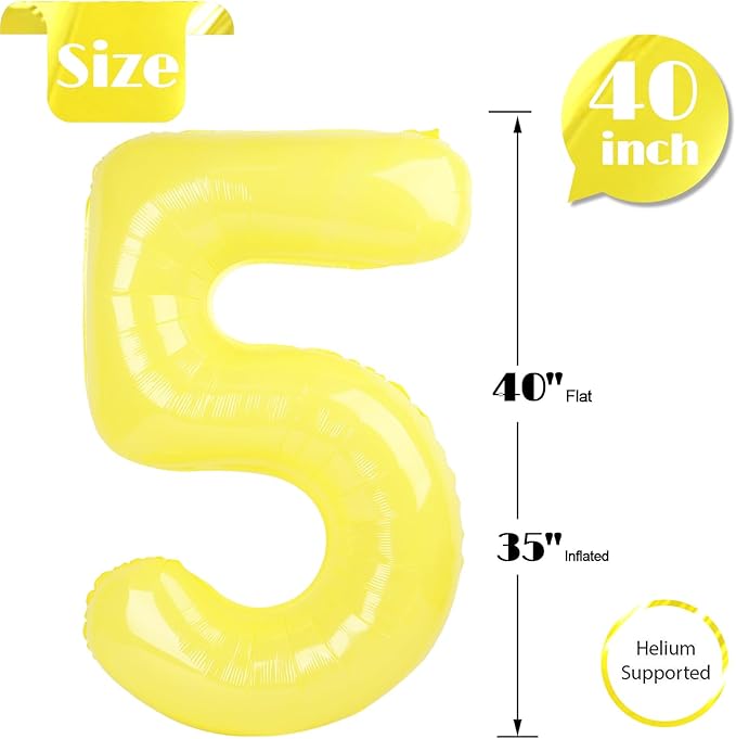 Yellow Number 5 Balloon 40 Inch, 5 Balloon Number, 5th Birthday Decorations, Yellow Party Supplies for Boys Girls