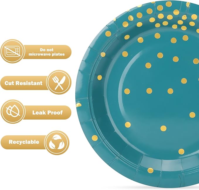 Blue Green and Gold Paper Plates,50pcs 7inch Gold Dot Party Dessert Plates,Disposable Foil Polka Dots Paper Plate for Father's Day,Independence Day,Birthday,Picnics
