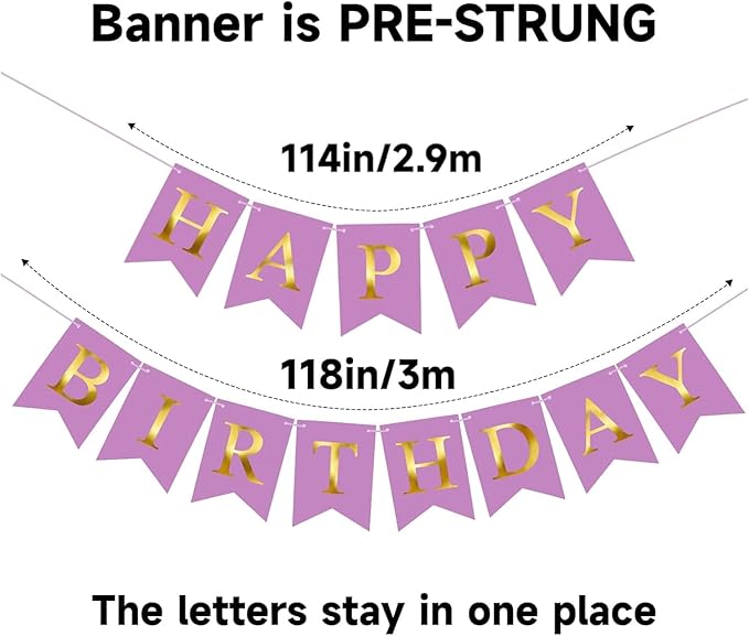 Purple Happy Birthday Banner Birthday Party Banner NO DIY Happy Birthday Sign Pre-Strung Birthday Hanging Decoration for Women Men Girl Boy Party Supplies (Purple and Gold)