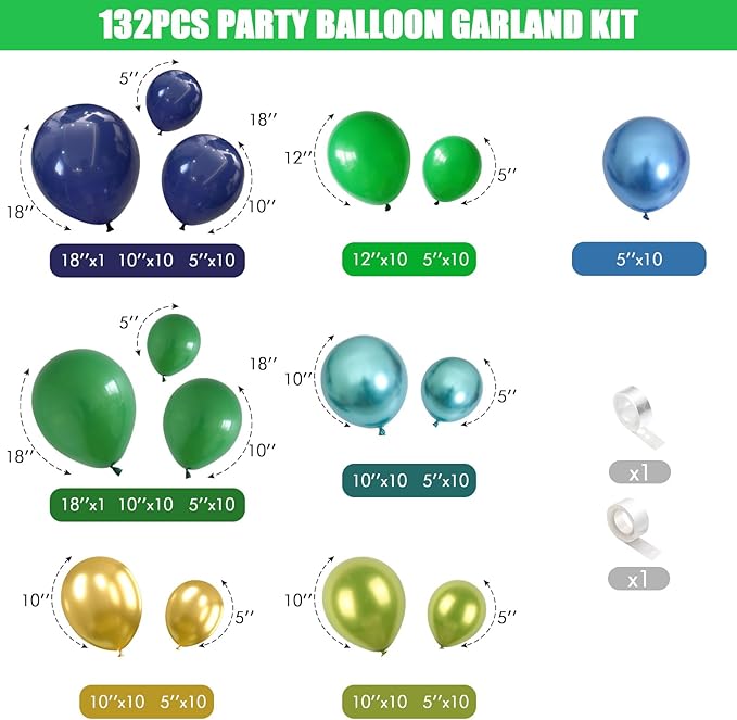 134Pcs Blue and Green Balloon Garland Kit, Navy Blue Dark Green Gold Balloon Arch Kit with Metallic Chrome Balloons, Dinosaur Helium Latex Balloons for Dino Jungle Safari Birthday Party Decorations