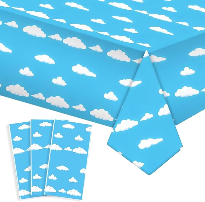 Blue Sky White Clouds Birthday Party Supplies Cartoon Story Tablecloth Party Table Cover Cartoon Table Banner for Baby Kids Shower Birthday Decorations, 54 x 108 Inch(3 Pieces)