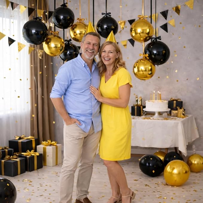 Togvu Black Gold Round Foil Balloons, 16PCS Different Sizes 4D Metallic Balloon Large Sphere Mirror Ball Balloons for Prom Graduation New Year Retirement Birthday Party Ceiling Decorations Supplies