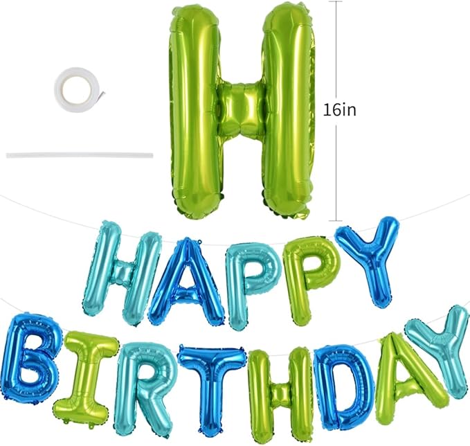 TONIFUL Blue Green Happy Birthday Balloons Banner 16 Inch Mylar Foil Letters Birthday Sign Bunting Reusable for Girls Boys Kids & Adults Birthday Decorations and Party Supplies