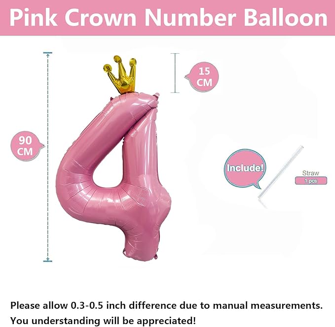 40 inch Pink Number 4 Balloon with Crown, Pink Crown Balloons 0-9 for 4th Birthday Party Anniversary Decorations Supplies