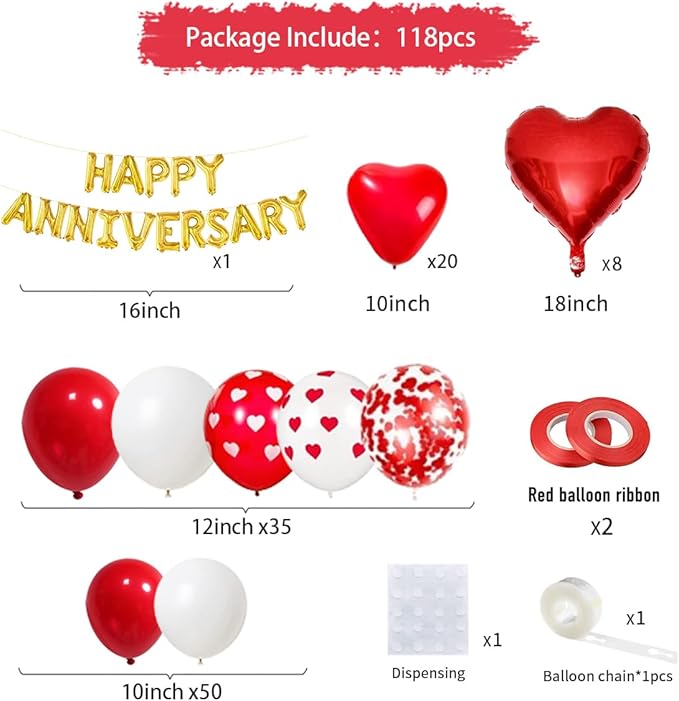 Happy Anniversary Decorations - 118PCS Anniversary Party Decorations Kit with 16" Happy Anniversary Letter Balloons 1000PCS Red Silk Rose Petals, Balloon Arch Garland, Red Heart Balloons