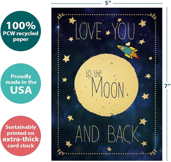 Tree-Free Greetings - Birthday Card - Artful Designs - 1 Card + Matching Envelope - Made in USA - 100% Recycled Paper - 5 x 7 - Moon and Back (VO69636)