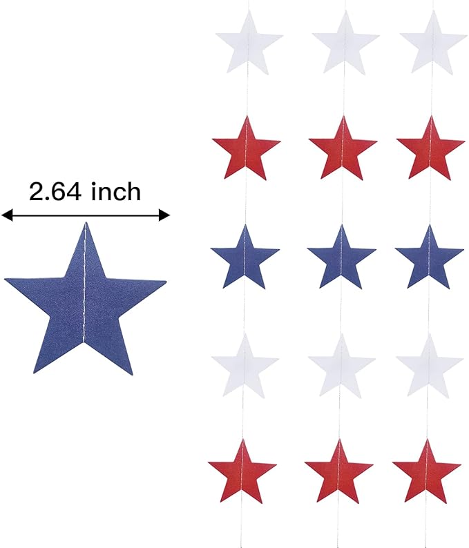 XIANMU 8 Strands Star Streamers Paper Garland Patriotic Decorations Red White Blue Hanging Stars Banner for 4th of July Memorial Day Independence Day Veterans Day Party Decor