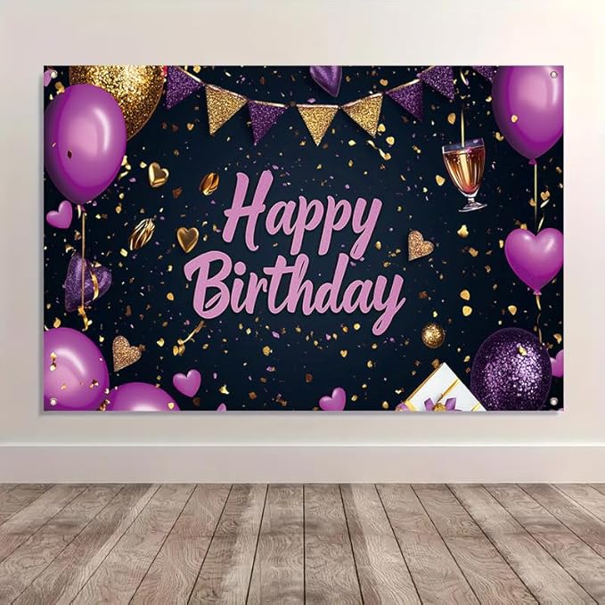71x43 in Purple and Gold Birthday Party Backdrop, Happy Birthday Banner Decoration, Balloon Party Photography Backdrop, Suitable for Children, Adults, Girls, Ladies, Birthday Party Photo Setup Supplies